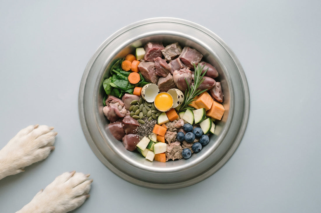 Ingredientes crudos y frescos para dieta BARF canina