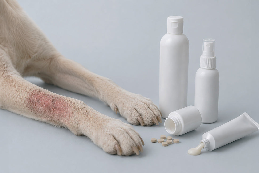 Perro con dermatitis siendo tratado por veterinario