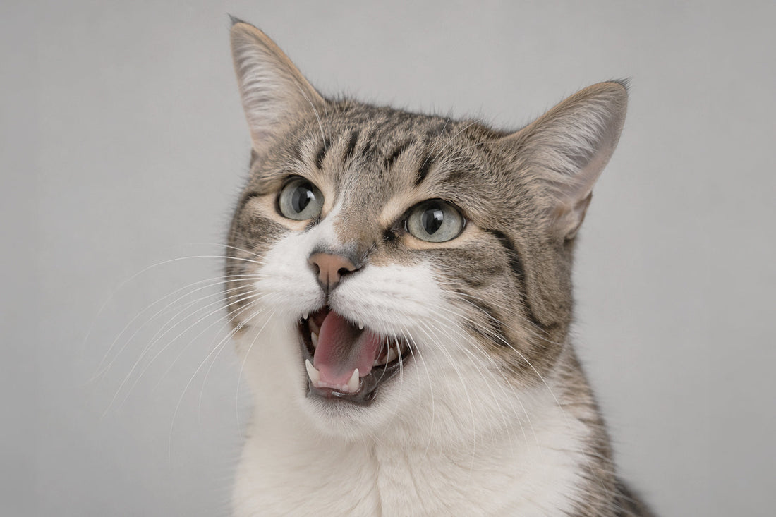 Gato gris con boca abierta maullando