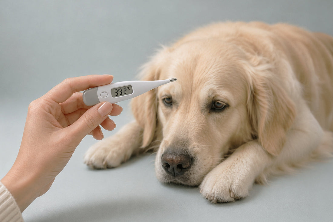 Termómetro veterinario y perro siendo revisado por síntomas de fiebre