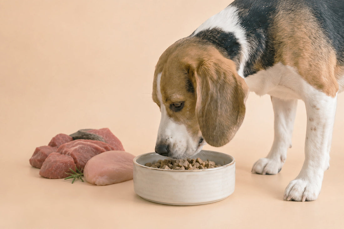 Bolsa de pienso seco con carne fresca para perros sobre fondo blanco