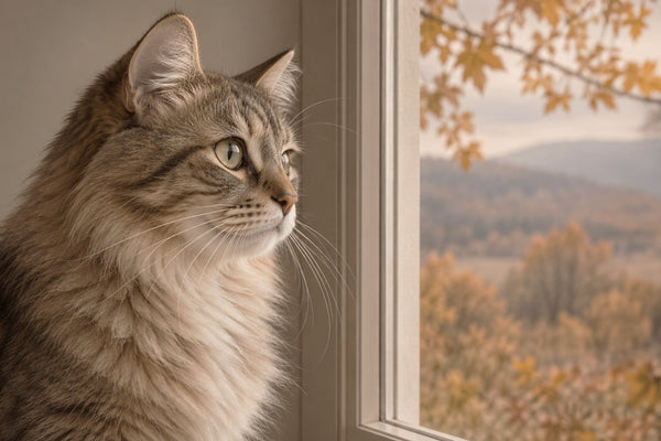 Gato atigrado de pelo largo sentado junto a la ventana mirando el paisaje otoñal