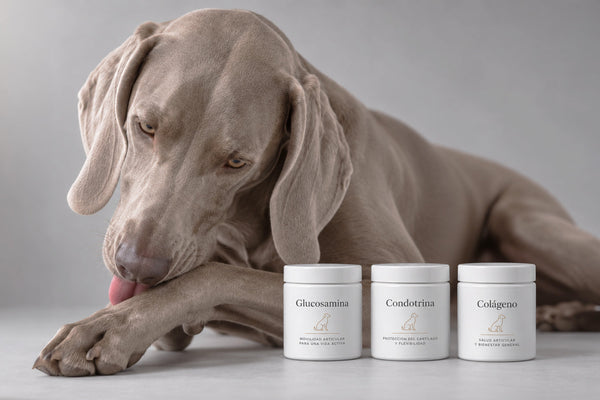 Weimaraner tumbado lamiéndose la pata junto a tres botes blancos de suplementos