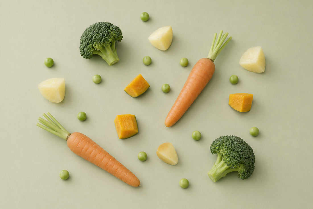 Perro comiendo verduras frescas y saludables en su alimentación