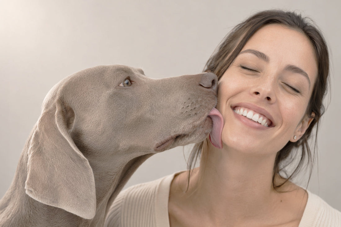 Perro lamiendo el rostro de su dueño como muestra de afecto