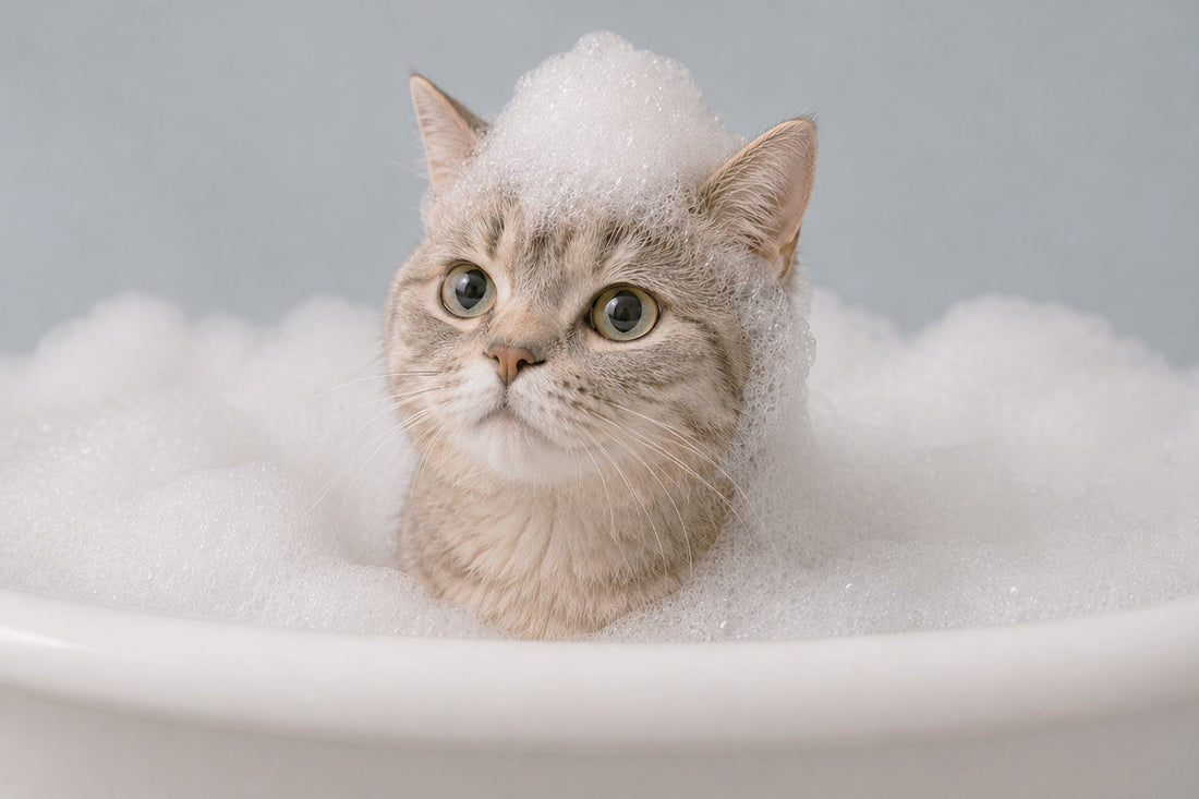 Gato mojado durante el baño con agua