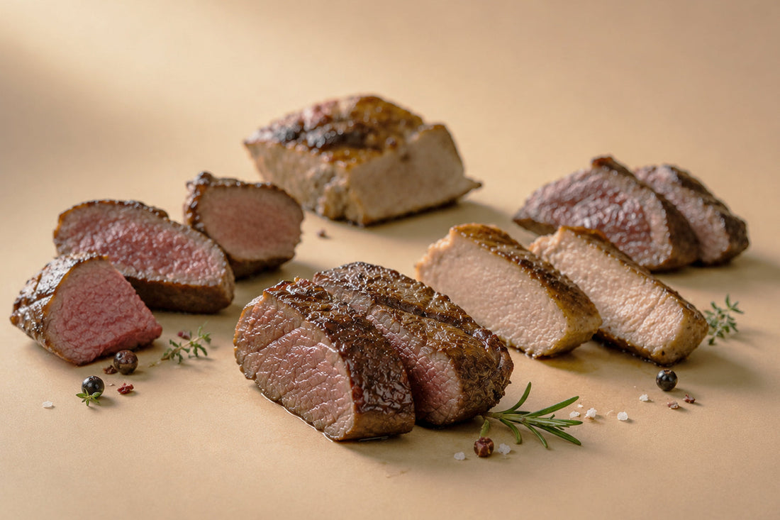 Cortes de carne de caza fresca en tabla de madera