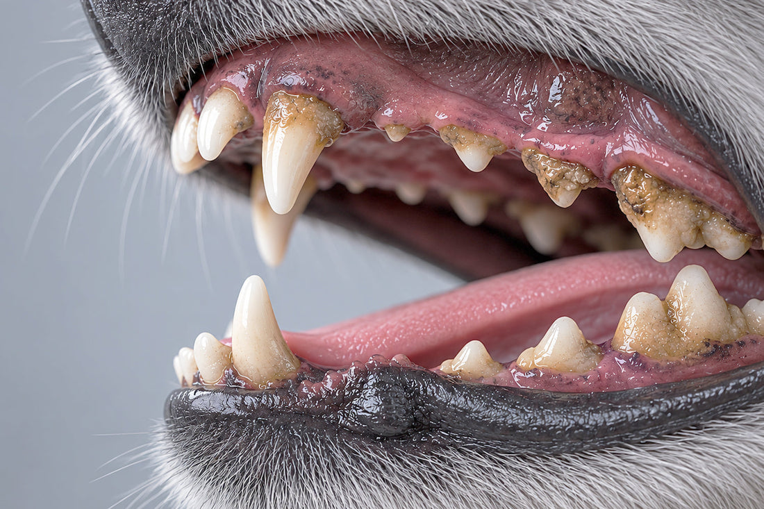 Primer plano de los dientes de un perro mostrando signos de caries dental