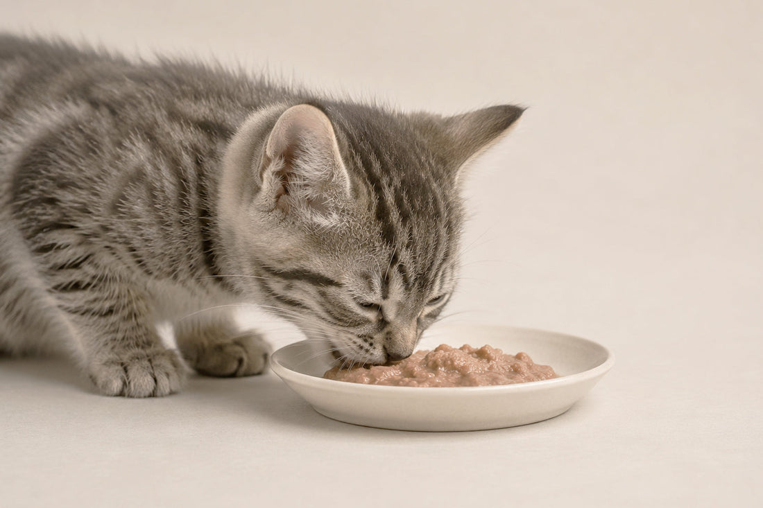 Gato de tres meses junto a su plato de alimento