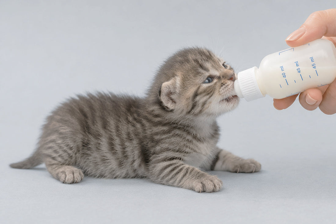 Gatito de un mes comiendo alimento especial