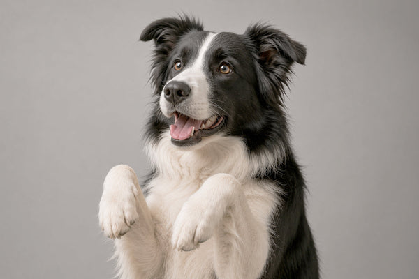 Border collie blanco y negro en posición de atención