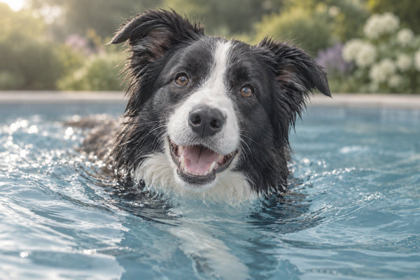 Border collie blanco y negro nadando en una piscina de agua azul con el jardín al fondo