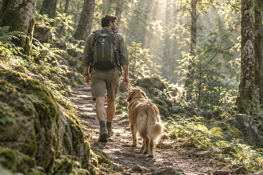 Hombre con mochila camina por un sendero rocoso del bosque junto a un golden retriever
