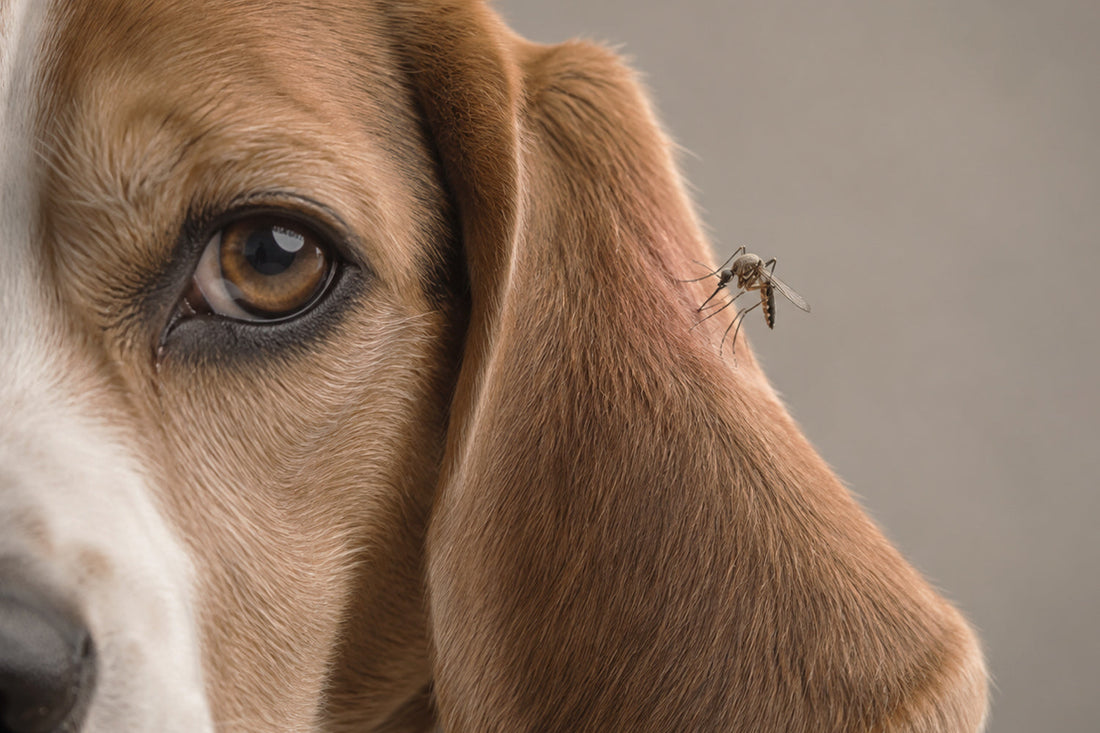 Primer plano de un perro de orejas largas con un mosquito posado en la oreja