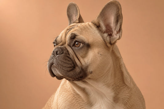 Bulldog francés leonado con máscara oscura y orejas erguidas, de perfil sobre fondo naranja