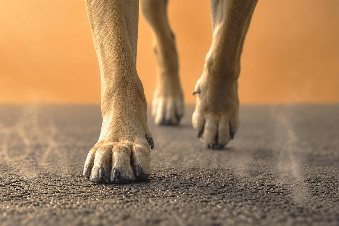 Patas de un perro claro sobre asfalto agrietado con vaho de calor al atardecer