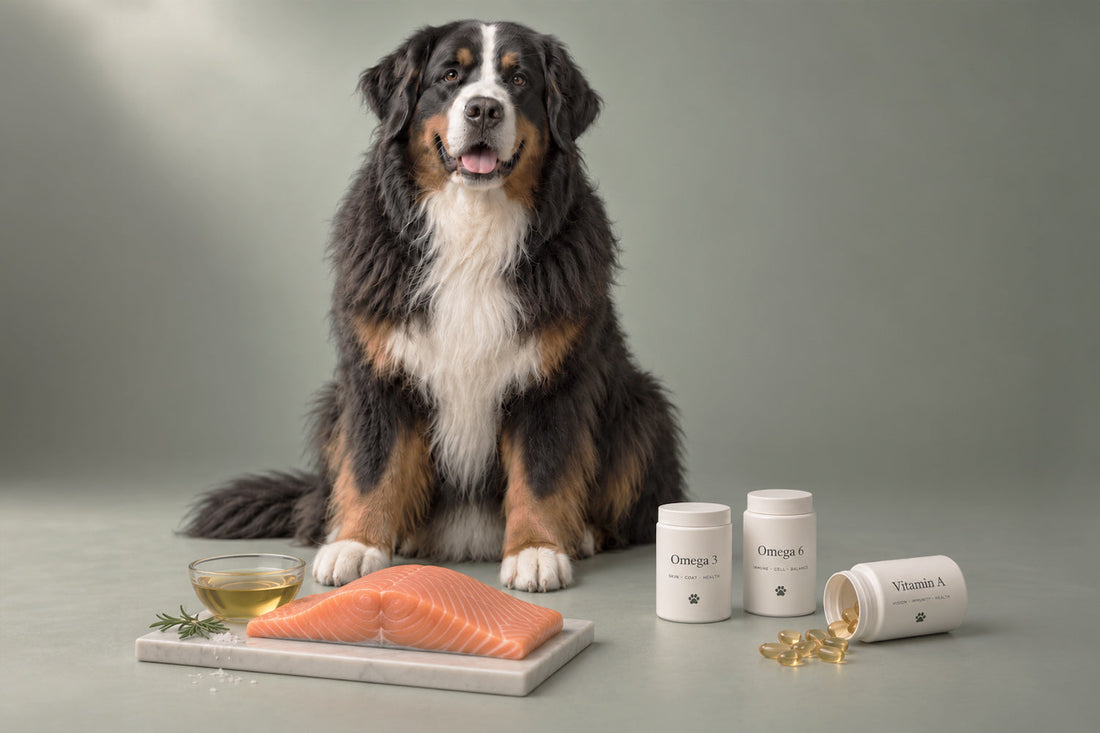 Boyero de Berna sentado ante salmón crudo, un cuenco de aceite y botes de omega 3, omega 6 y vitamina A