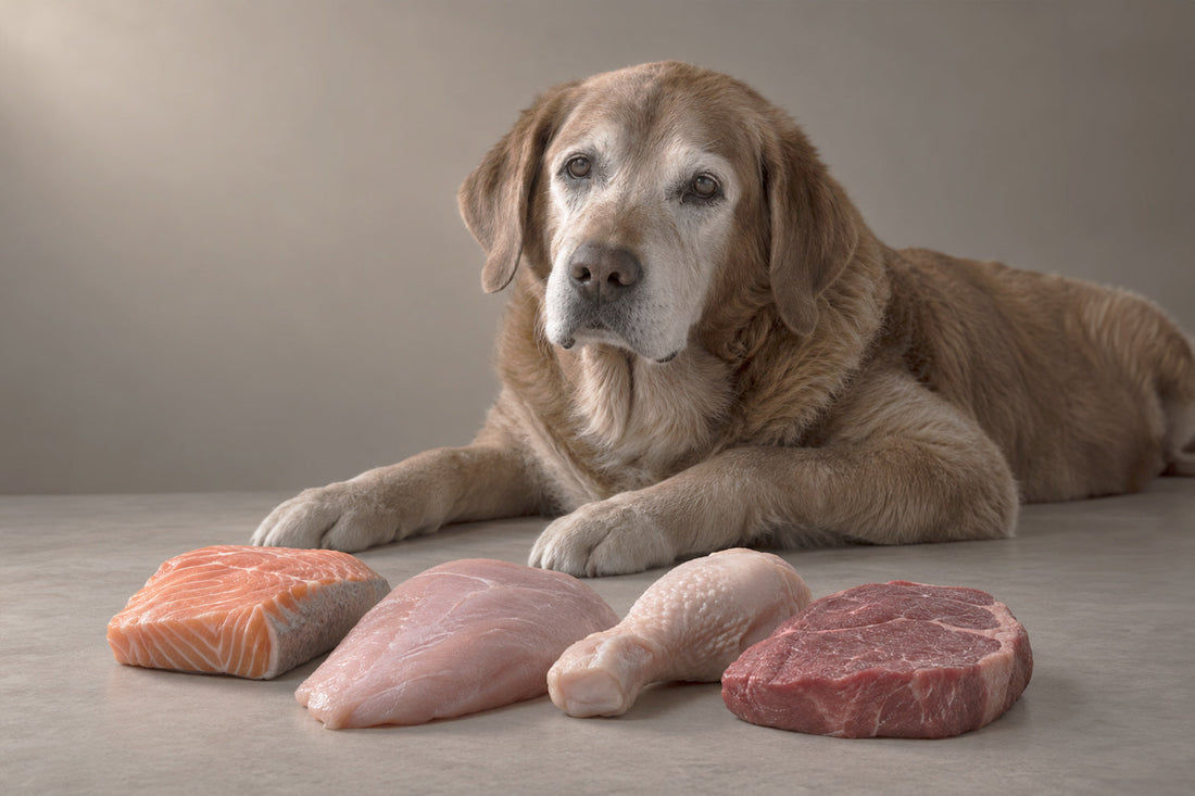 Perro mayor de pelo dorado tumbado ante salmón, pechuga y muslo de pollo y un bistec crudos