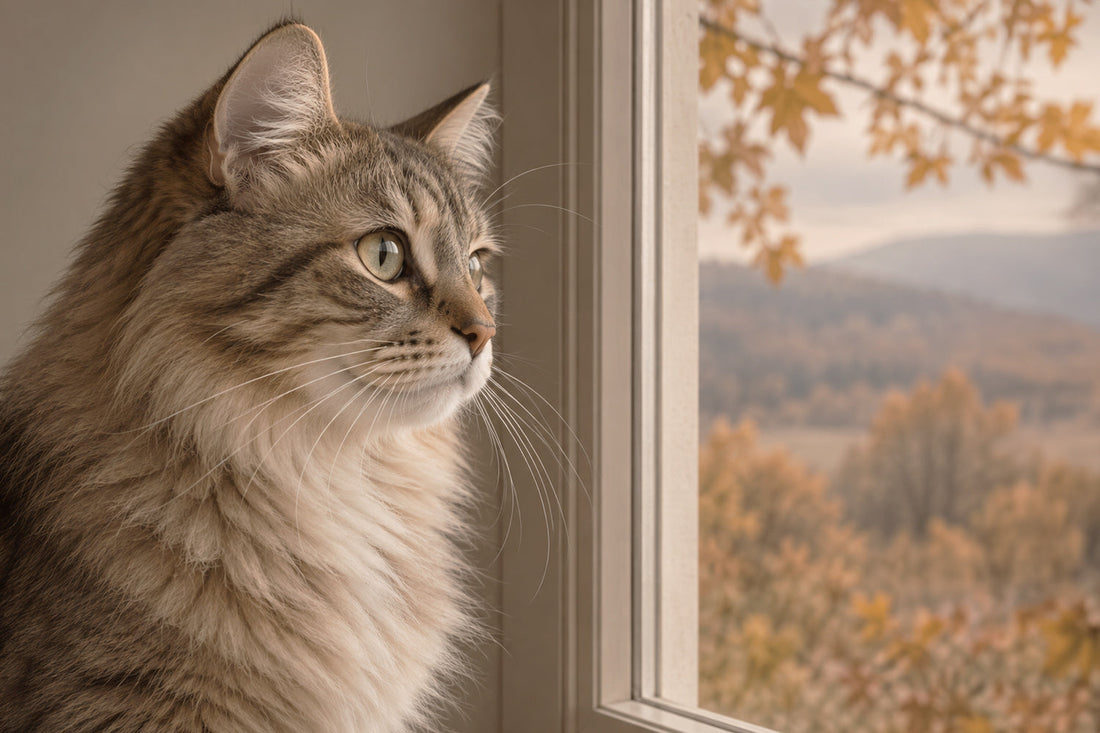 Gato atigrado de pelo largo sentado junto a la ventana mirando el paisaje otoñal