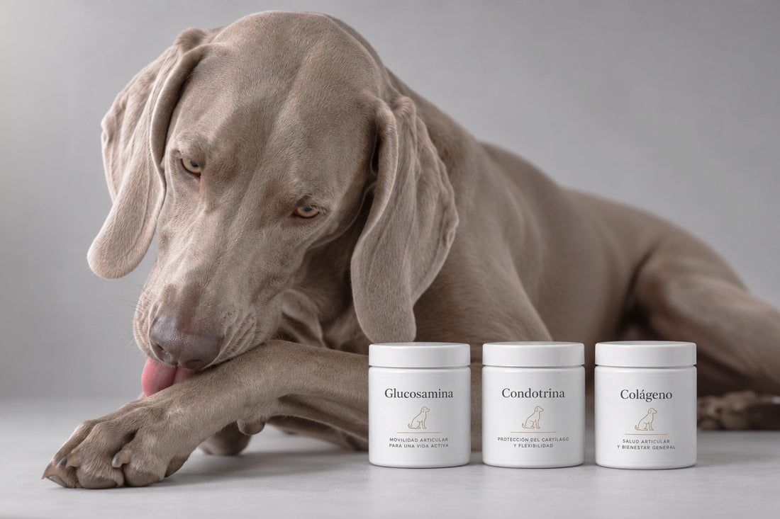 Weimaraner sdraiato che si lecca la zampa accanto a tre barattoli bianchi di integratori