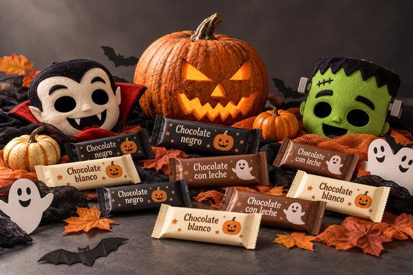 Calabaza iluminada, fantasmas de papel y tabletas de chocolate negro, con leche y blanco