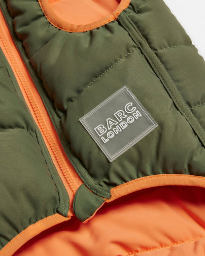 Reversible Dog Puffer Jacket: Coral & Khaki Green - Manteau